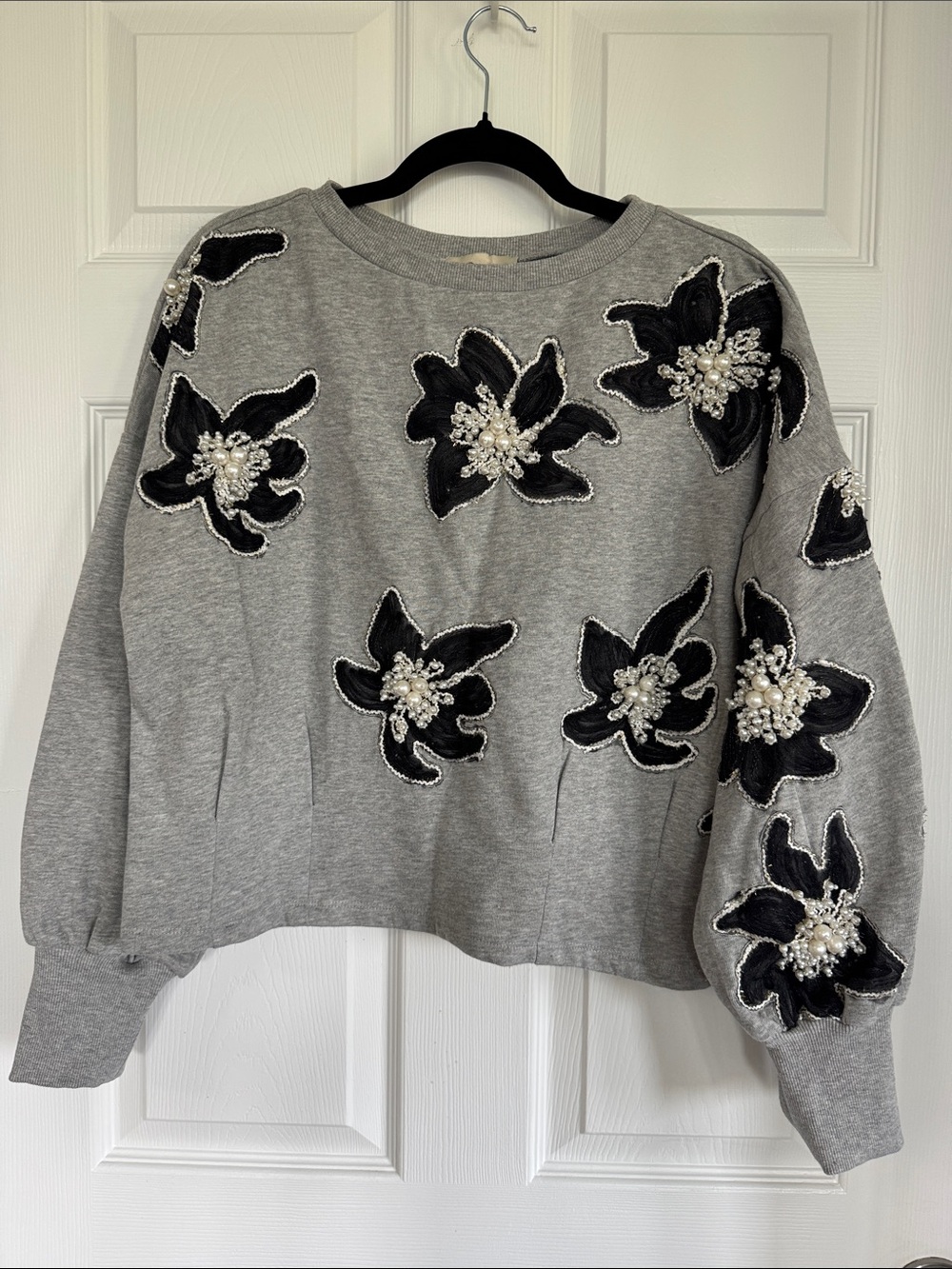 Ollari Deco Floral Embellished Pullover in a heather grey color